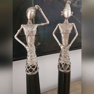 Pier 1 Silver Metallic Tribal Female Sculpture Duo